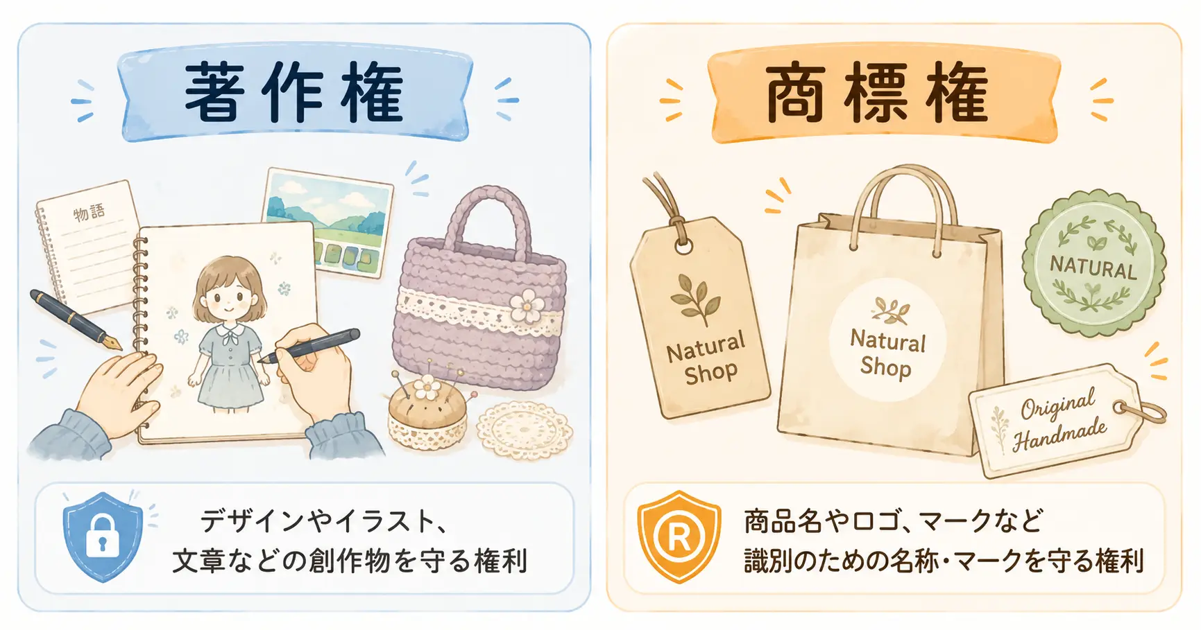 著作権と商標権の違いをイラストでわかりやすく解説した図解