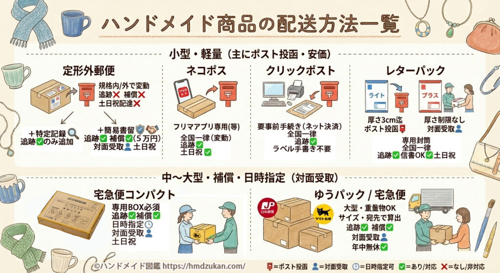 ハンドメイド商品の配送方法一覧