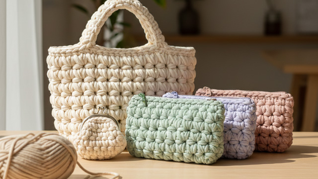ぷっくり編みの韓国風クロシェバッグ・ポーチ