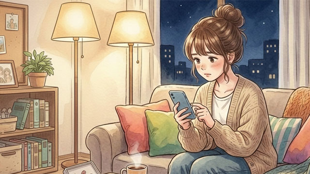 ハンドメイドの資格を取ろうとスマホで調べている女性