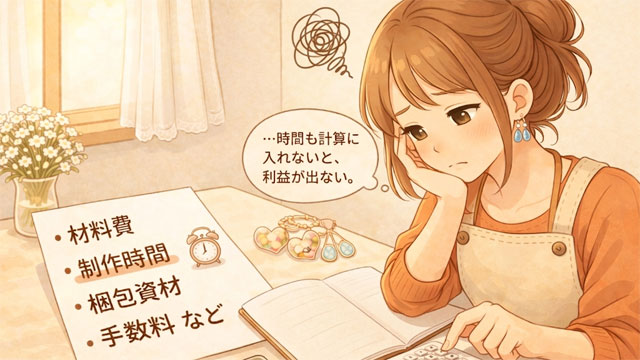ハンドメイド作品の原価計算をしている女性のイラスト