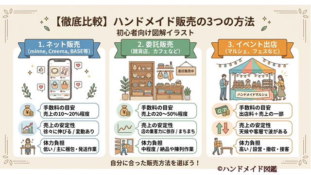 ハンドメイド販売のネット・委託・イベントを比較した図解