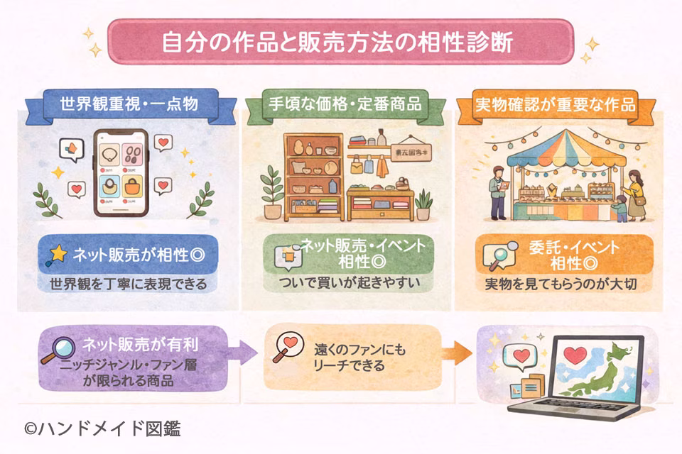 自分の作品と販売方法の相性診断の図