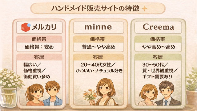 メルカリ・minne・Creemaの客層と特徴を比較した図解イラスト