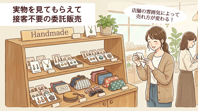 ハンドメイド作品が雑貨店に委託販売されている様子のイラスト