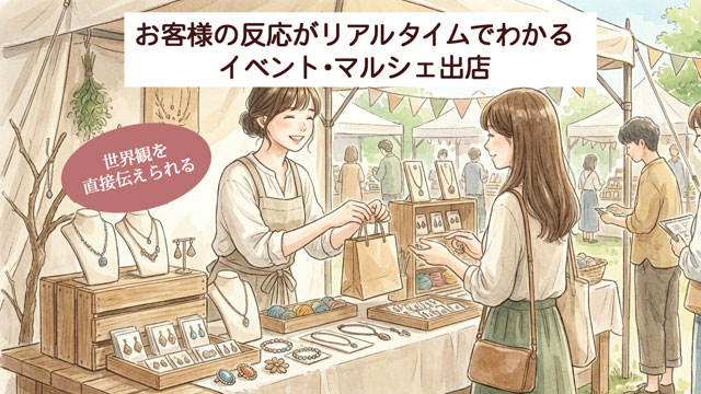 ハンドメイド作家がマルシェのブースでお客様と対話している様子のイラスト