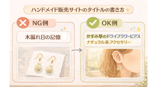 ハンドメイド作品のタイトルNG例とOK例を比較した図解イラスト