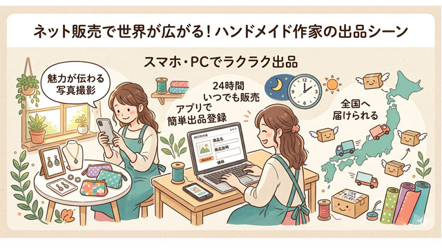 ハンドメイド作家がネットで商品を出品している様子のイラスト