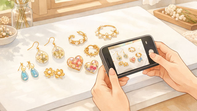 ハンドメイドアクセサリーを自然光の中でスマホ撮影しているイラスト