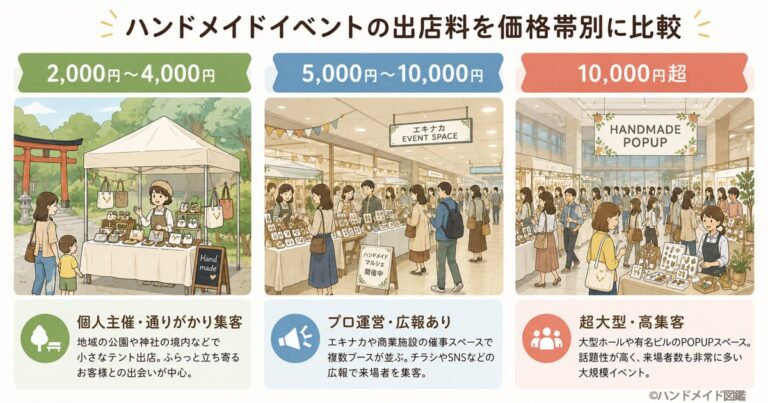 ハンドメイドイベントの出店料を価格帯別(2,000円〜4,000円・5,000円〜10,000円・10,000円超)に比較した図解イラスト