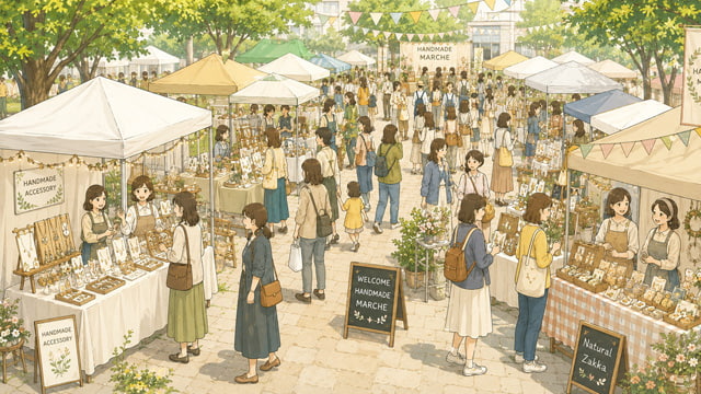 複数のブースが並び出店者と来場者が交流するハンドメイドマルシェ全体の賑わいイラスト