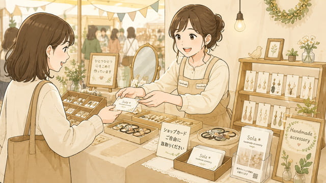 ハンドメイドマルシェのブースでショップカードを手渡しするハンドメイド作家のイラスト