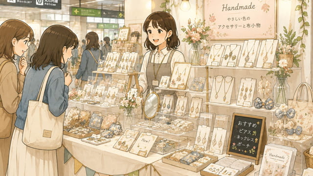 街中のハンドメイドイベントで通行人が立ち止まって作品を見ているブースのイラスト