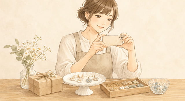 制作した作品をスマートフォンで撮影しSNSに投稿するハンドメイド作家のイラスト