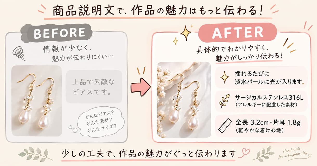 商品説明文のビフォーアフター比較。材料を渡すとAIの文章が具体的になる例