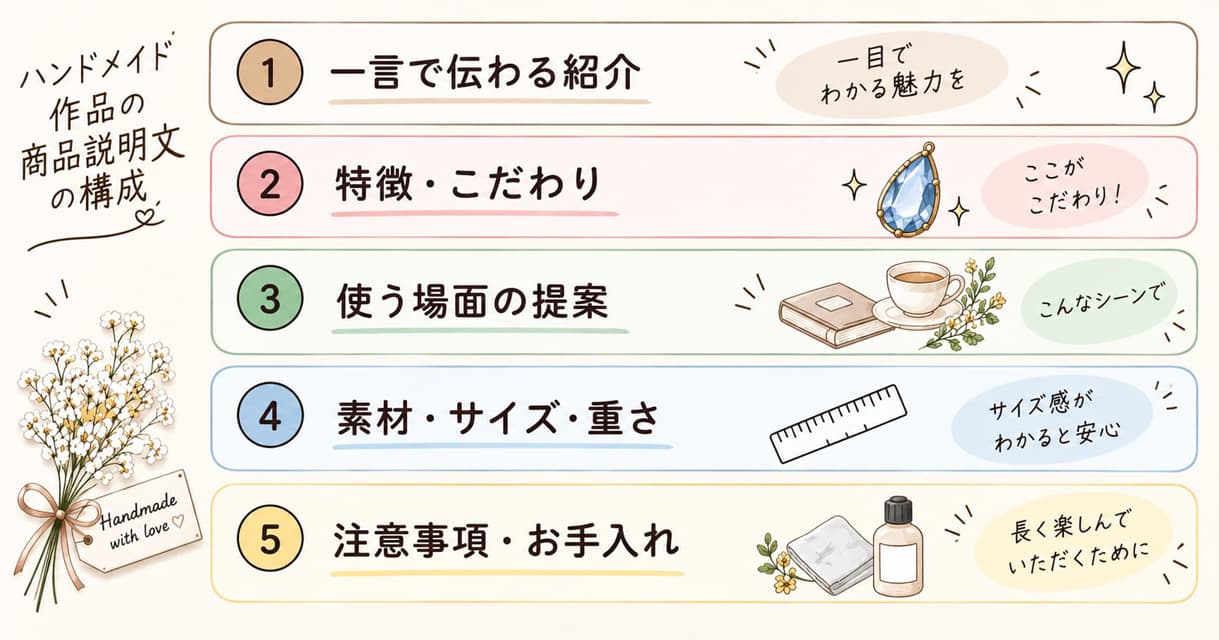 minneの商品説明文に入れたい5つの要素を示した構成図